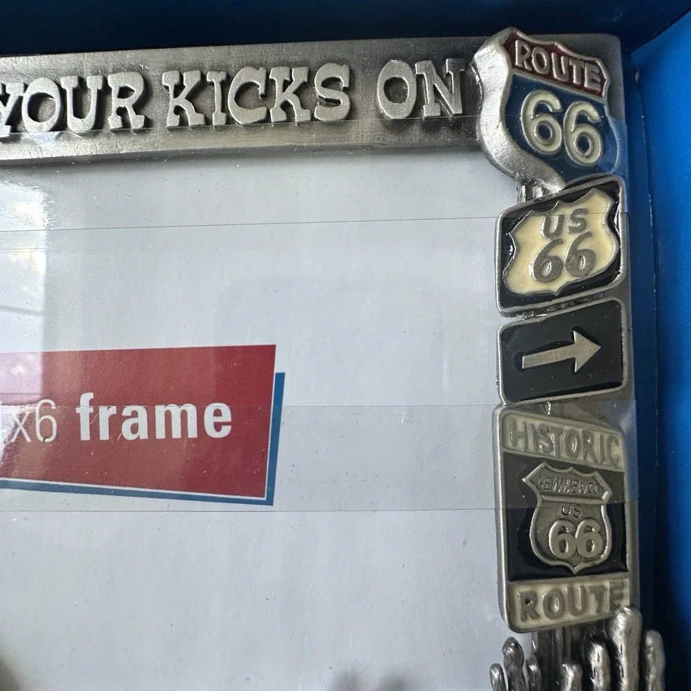 VTG Route 66 Motorcycle Frame Pewter 4x6 Photo 3D Cactus Signs Get Your Kicks On